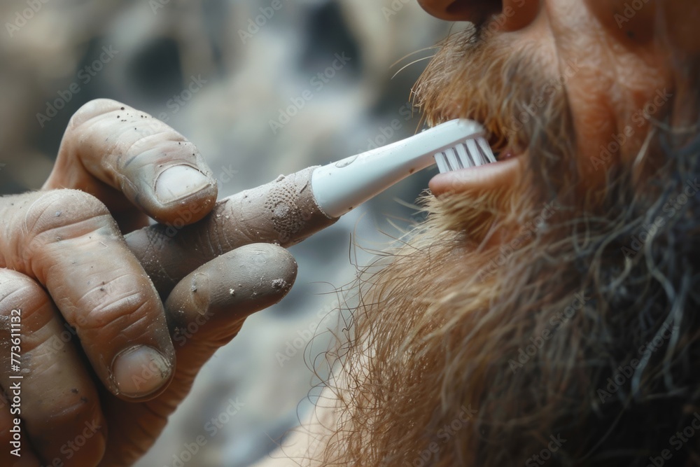 Close up of a Neanderthal's hand holding an electric toothbrush, examining it with a mix of wonder and confusion.