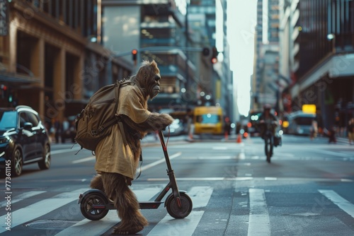A Neanderthal using an electric scooter to navigate a bustling city street, the wind in their hair.