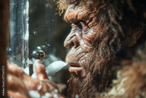 Close up of a Neanderthal puzzled by a modern automatic soap dispenser  examining its mechanism.