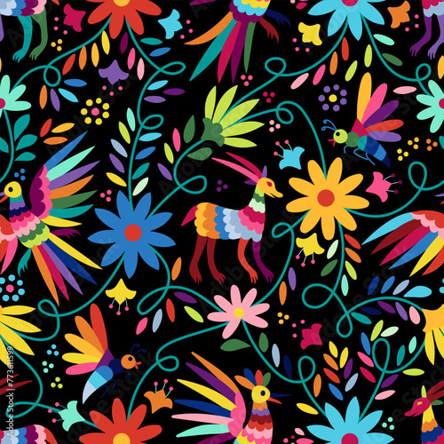 Ornate ethnic Mexican embroidery Otomi. Seamless Pattern with birds, animals and flowers on black