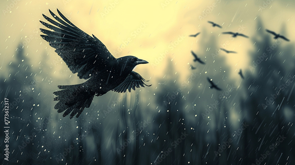illustration of birds flying in the rain flat style - obrazy, fototapety, plakaty 