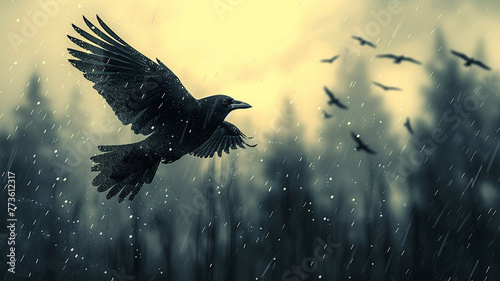 illustration of birds flying in the rain flat style © Robin