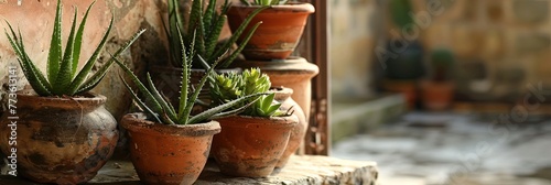 Aloe vera plants in clay pots