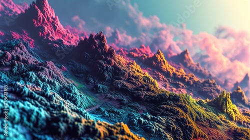 Colorful artistic illustration of mountain peaks, glowing iridescent backlight illustration of mountain ranges