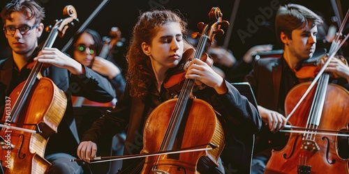 A symphony playing classical music on a stage in the park