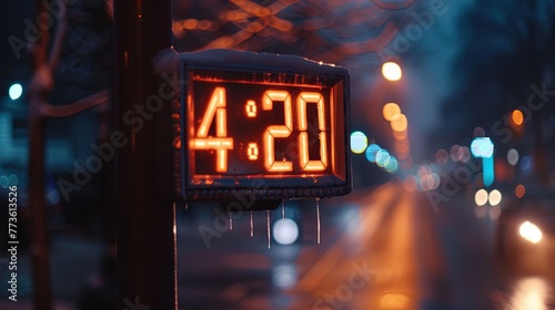 "4:20" displayed on digital clock in the city