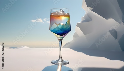 A sunlit iridescent mocktail glass with a cloud reflected in it, in the style of layered collages, geometric surrealism, minimalist nature studies, jagged edges, frostpunk, folded planes photo