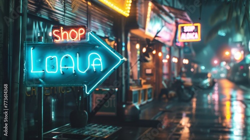 A neon sign in the shape of an arrow directing pedestrians to Shop Local with a retro font and glowing bluegreen light.