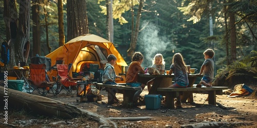 Family camping in a tent by the lake in the woods