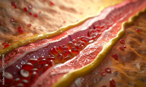 Visual depiction of arterial blockage caused by harmful cholesterol buildup, leading to clogged arteries and coronary plaque formation. 3D illustration