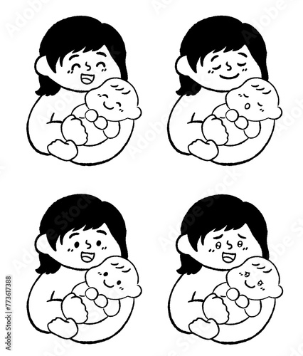 赤ちゃんを抱っこするお母さん　手描きイラスト素材セット　線画
