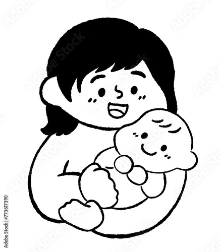 赤ちゃんを抱っこするお母さん　手描きイラスト素材　線画