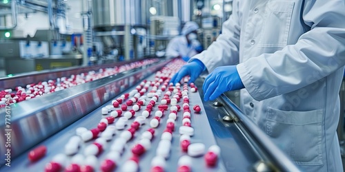 Pharmaceutical manufacturing facility featuring workers in protective scrubs  working on an assembly line with a conveyor belt of drugs and vials.