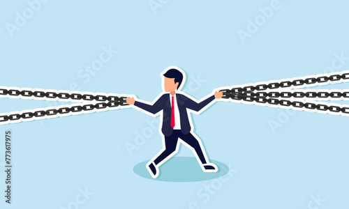 Critical weak link, single point of failure jeopardizing entire system, vulnerable spot to be wary, concept of Businessman struggles to juggle multiple chains to avert potential failure
