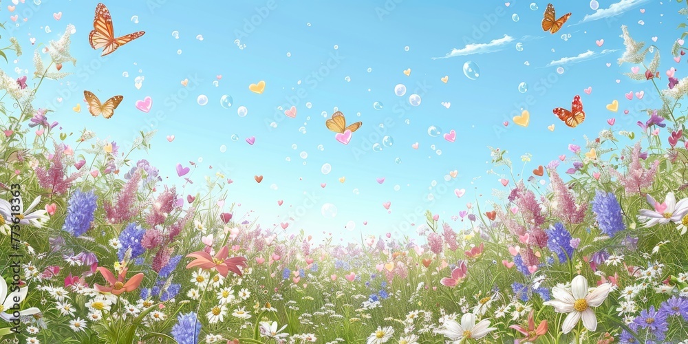 Idyllic meadow filled with colorful flowers and butterflies under a sunny blue sky, encapsulating the essence of spring