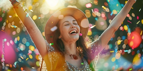 Young Millennial woman having fun at an outdoor summer music festival 