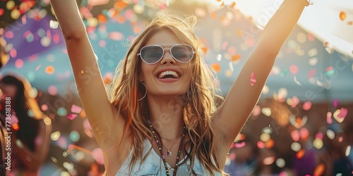 Young Millennial woman having fun at an outdoor summer music festival 