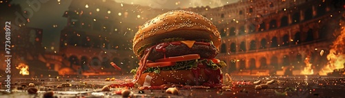 Gladiator in the Colosseum facing a giant burger challenge, epic showdown, dynamic angle, 3D illustration ,3d illustration.