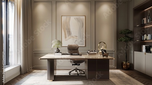 An elegant workspace with a marble-topped desk  designer task chair  and abstract artwork adorning the walls  bathed in soft  diffused ligh