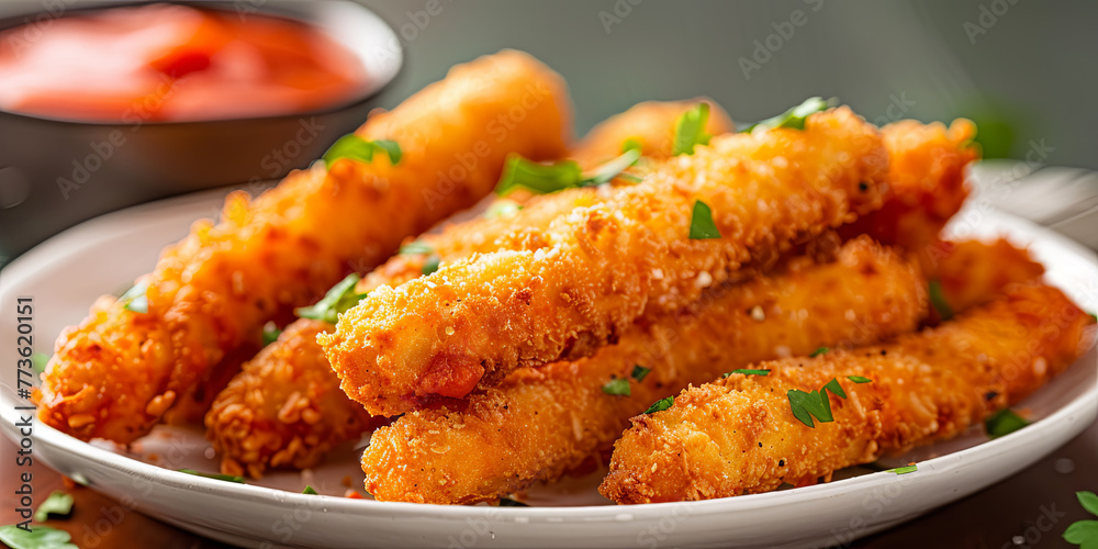 a plate of golden brown, crispy mozzarella sticks, generative AI a plate of golden brown, crispy mozzarella sticks, generative AI