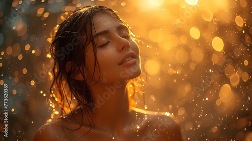 A woman dancing in the rain, her face turned upwards with pure joy.