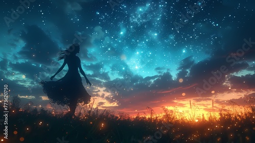 A woman dancing under a starry sky, her movements graceful and free.