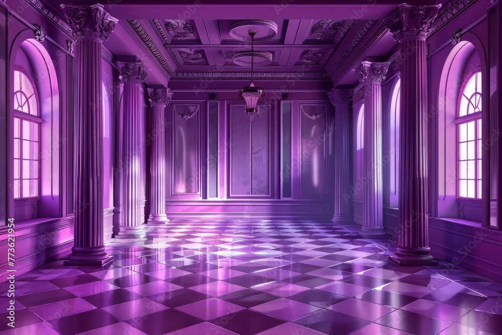 Elegant Purple Empty Palace Architecture - obrazy, fototapety, plakaty 