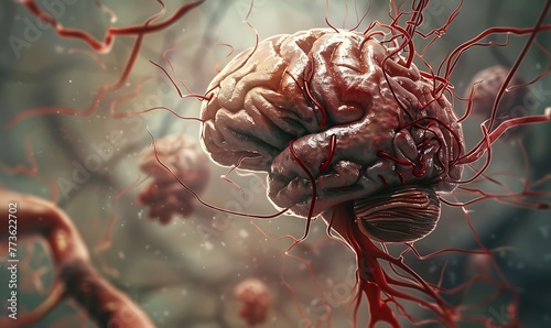 Illustration of human brain afflicted by clogged arteries, depicted in 3D with scientific precision