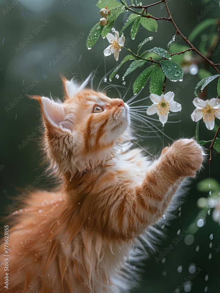Cute Kitten Try To Reach White Flowers Cute Kitten Try To Reach White Flowers