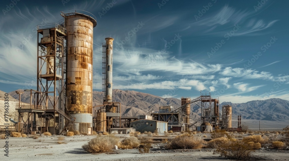 A deserted industrial complex stands in stark contrast to the serene beauty of a nearby desert landscape highlighting the dichotomy between artificial and natural landscapes. - obrazy, fototapety, plakaty 