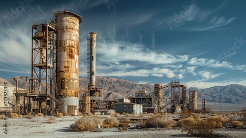A deserted industrial complex stands in stark contrast to the serene beauty of a nearby desert landscape highlighting the dichotomy between artificial and natural landscapes.