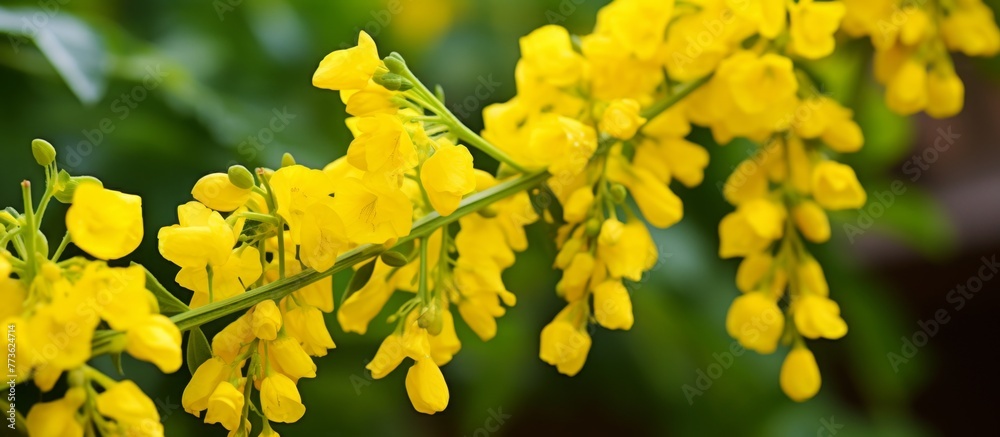 Bright yellow flowers are in full bloom on a tree branch in a lush garden, adding a touch of vibrant color to the green landscape Bright yellow flowers are in full bloom on a tree branch in a lush garden, adding a touch of vibrant color to the green landscape