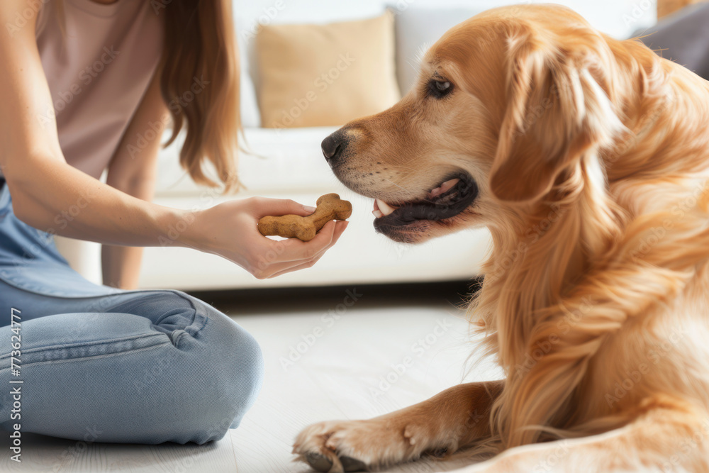 A woman was feeding golden retriever dog treats in the living room A woman was feeding golden retriever dog treats in the living room