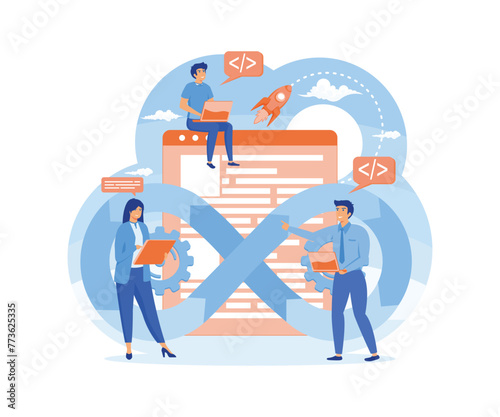 DevOps developers characters, software delivery automation process concept. Software development operations workflow.  Team cooperating. flat vector modern illustration