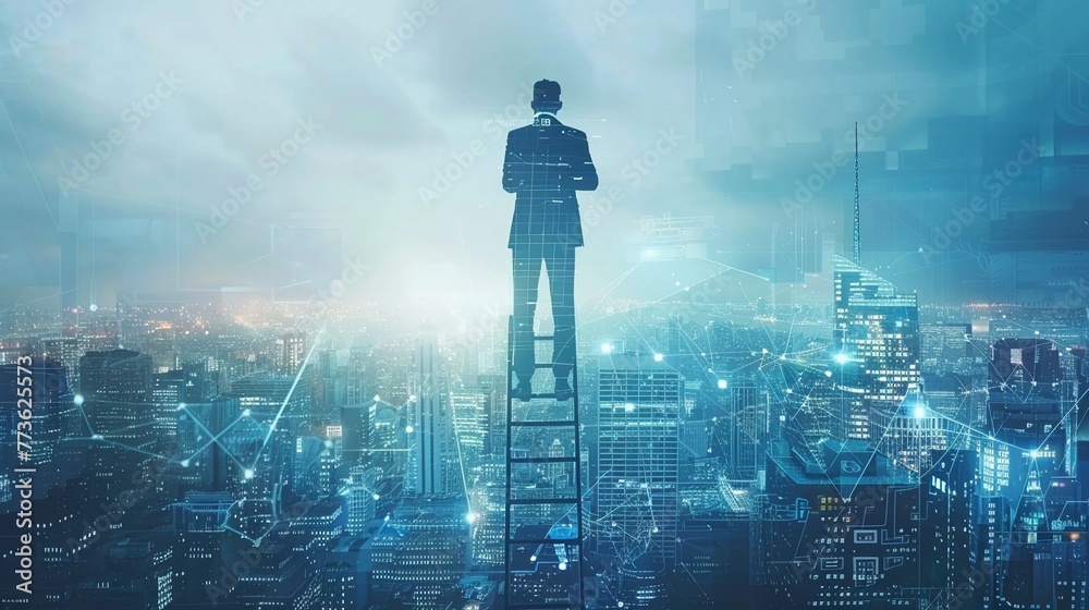 Man in Suit with Binoculars on Ladder, Business Vision, Cityscape Horizon, - obrazy, fototapety, plakaty 