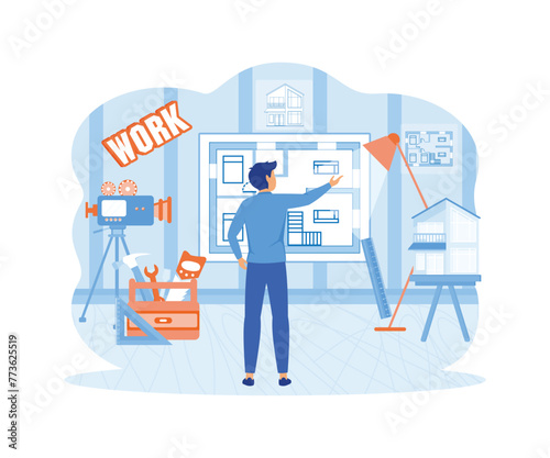 Man architect drawing house project floor plan at draftsman studio with adjustable drawing board desk. Engineer office room workshop. flat vector modern illustration