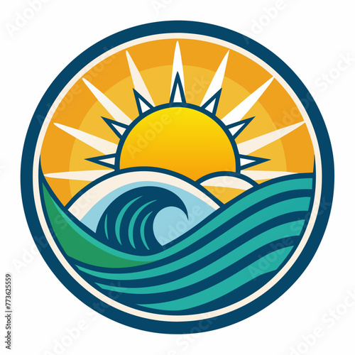 Ocean with sun or surfing in circle logo design vector template