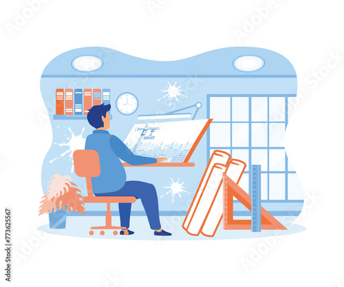 Man Architect Creator Drafting. Architectural Desk for Sketching. Large Sheet Paper, Ruler Architect Workplace. Engineer Office Room Workshop. Creating Project. flat vector modern illustration