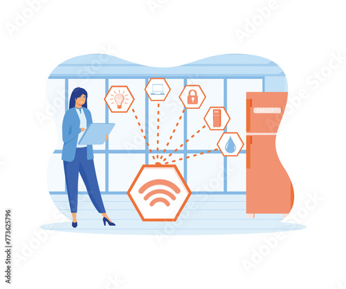 Smart home, intelligent home technology online connecting home appliances with smartphone. Woman using digital tablet control electronic home devices. flat vector modern illustration