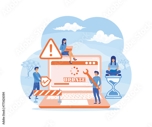 System Update. Tiny programmers upgrading operating system. Technical error and service. Computer laptop screen with updating progress bar. flat vector modern illustration