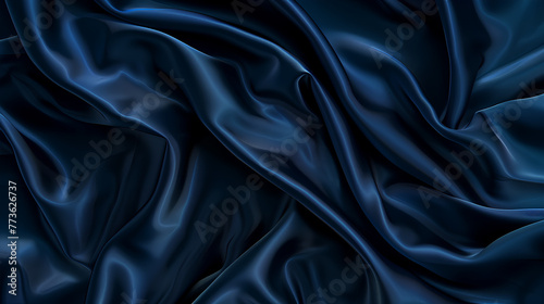 A blue fabric with a pattern of waves. The fabric is very smooth and shiny. The color of the fabric is deep and rich