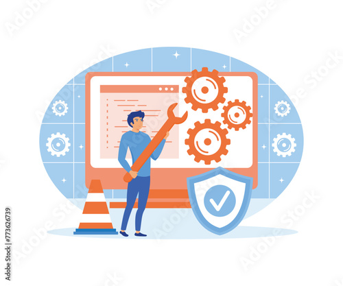 System maintenance concept. Update program and application,  error, fixing a trouble, device updating. flat vector modern illustration