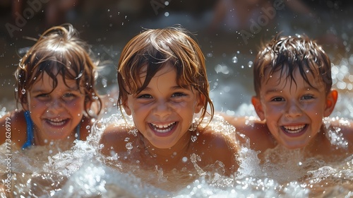 Children laughing and splashing in a swimming pool on a hot summer day. ©  ALLAH LOVE