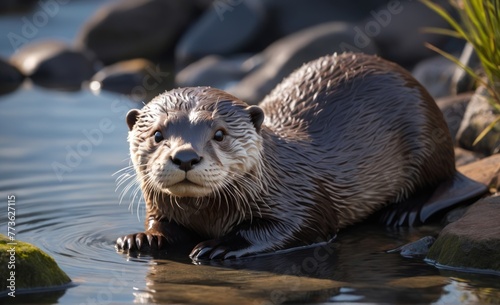 Closeup shot of a otter near the water with its reflection visible