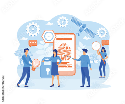Finger Authentication, Fingerprint screening security system, fraud detection, Biometric access control. flat vector modern illustration