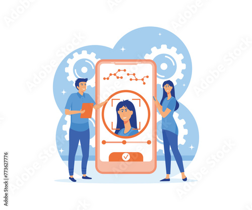 Face recognition and data safety. Mobile phone users getting access to data after biometrical checking. flat vector modern illustration photo