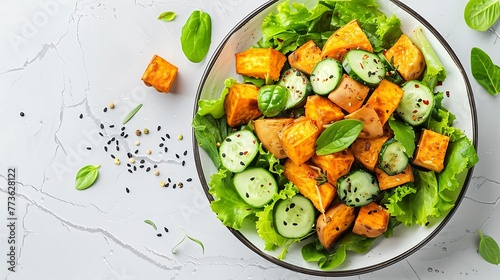 A bowl of salad with baked sweet potato, mustard isolated on a white background. Healthy lifestyle, dieting, fresh vegetables and vegan food concepts