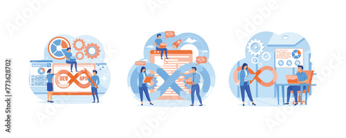 Programmers Practice Development and Software Operations. Software development operations workflow. Dev0ps engineers web design with people. Set flat vector modern illustration