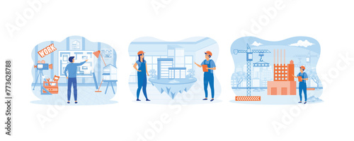 Man architect drawing house project floor plan at draftsman studio. Creative people building city of dream. Man with Project in Helmet and Suit. Set flat vector modern illustration