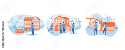 Eco house. Renewable energy. Buying new Home. Real Estate Agent with Clients and Key. Ecology Green Energy, Solar and Wind Power. Set flat vector modern illustration